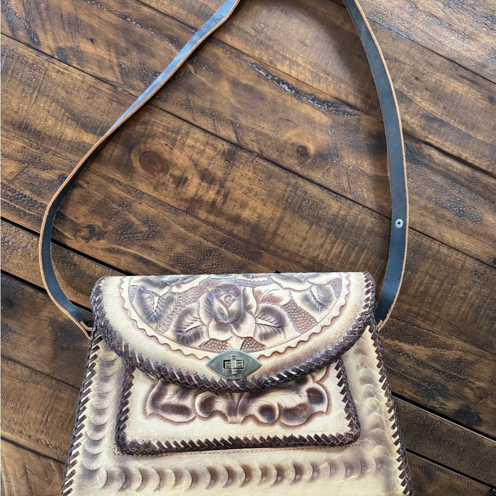 Vintage Hand-Tooled Floral Leather Crossbody Bag in Two-Tone Brown